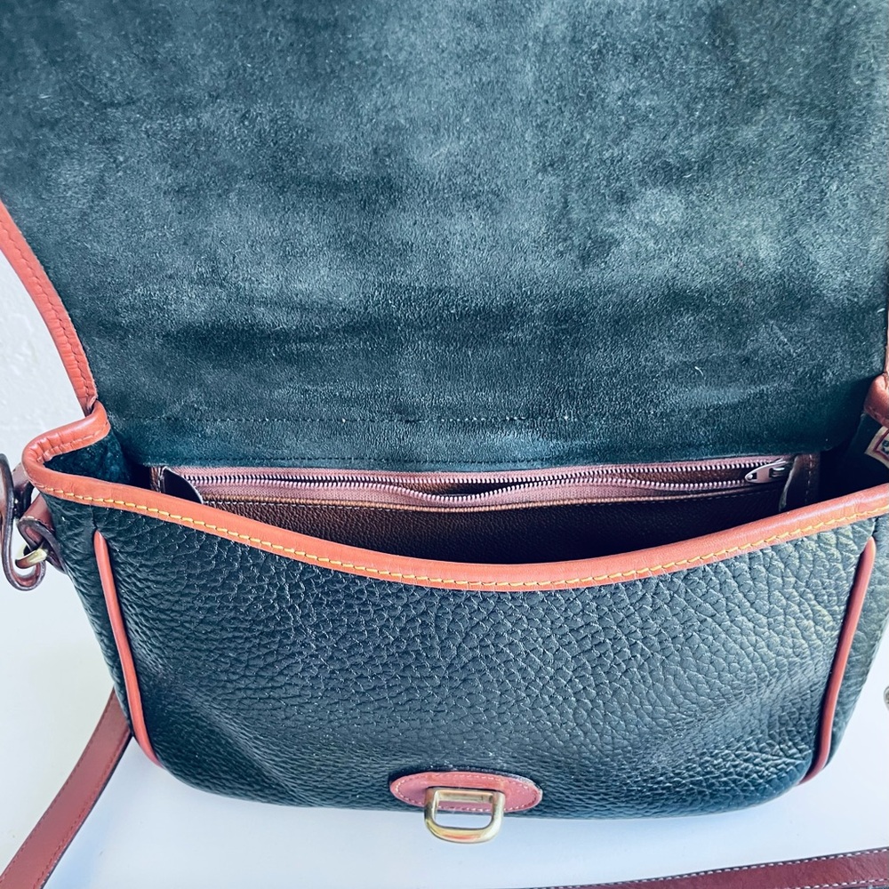 VINTAGE ALL WEATHER LEATHER LARGE EQUESTRIAN BAG BLACK TAN TRIM - Picture 7 of 13